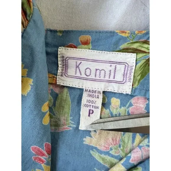 VTG Komil Honolulu Dress Square Neck MIDI Blue Floral A-line Puff Sleeves SM - Picture 10 of 11